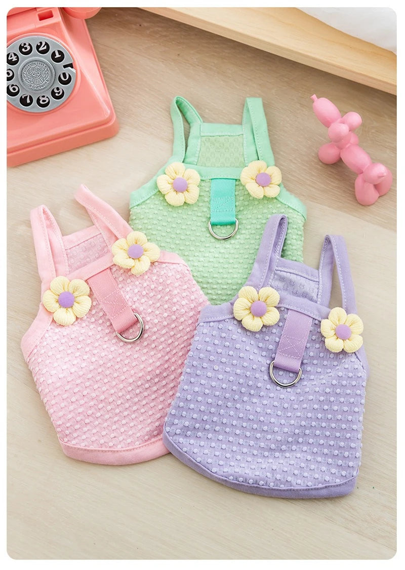 Sweet Flower Decorate Puppy Summer Clothes Breathable Unisex Small Chihuahua Pet Cat Vest Walking Leash T Shirt for York Dogs