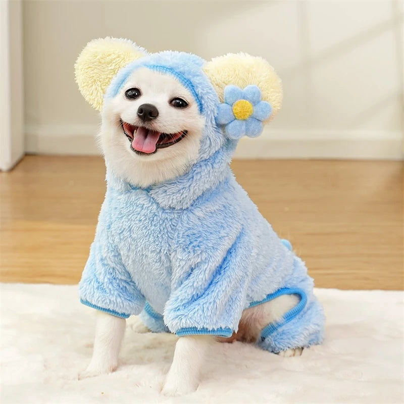 Soft Flannel Pet Dog Clothes Light Blue Solid Flower Winter Overalls for Cats New Year Cosplay Chihuahua Coat Kitten Sweatshirts