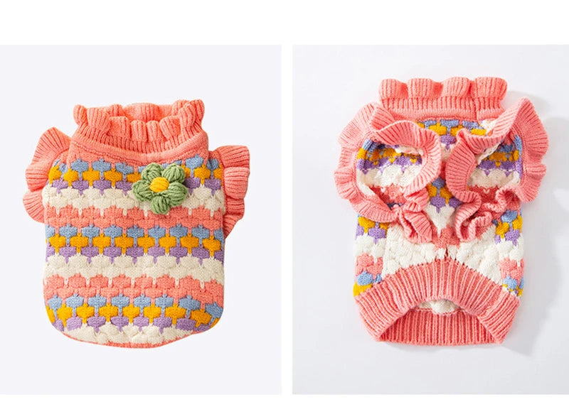 Knitted Flower Pet Dog Sweaters Orange Winter Warm New Year Clothing for French Bulldog Outfits Fancy Small Puppy Overalls
