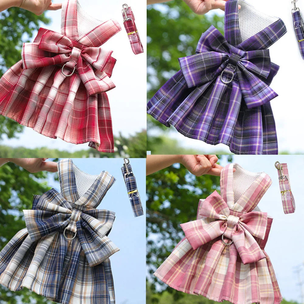 Puppy Dog Adjustable Harness Pet Plaid Skirt Cat Dog Vest Type Traction Clothes Small Dog Party Birthday Wedding Bowknot Dress