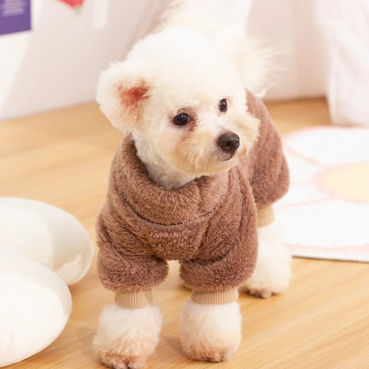 Dog Fuzzy Fleece Pajamas, Dog Winter Clothes for Small Dogs, Thick Warm Turtleneck Dog Sweater Plush Pet Jumpsuit, Doggy Apparel