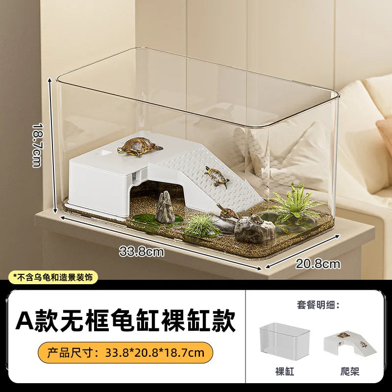 Large Transparent Turtle Tank with Basking Platform High Definition PET+ABS Plastic Anti Drop Aquarium Fish Tank Reptiles Box