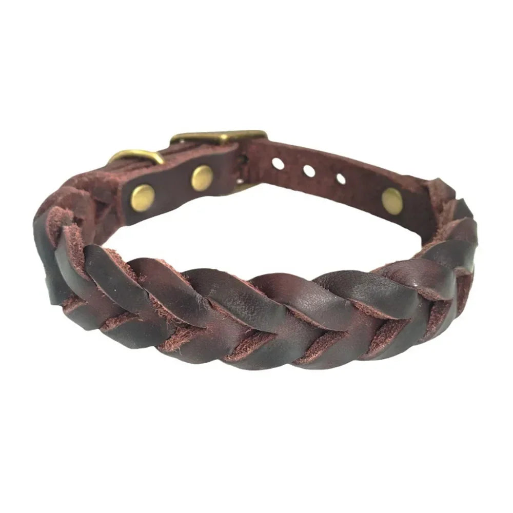 Braid Small Dog Collar Handmade from Thick Full Grain Leather Soft Durable Sturdy Material Belt Buckle Collar for Medium Breeds