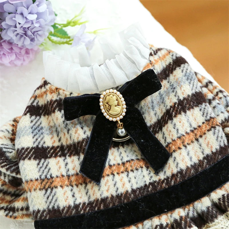 High Collar Small Dog Clothes Plaid Woolen New Year Autumn Winter Brown Overalls for Cats Maillard Fashion Girl Chihuahua Dress