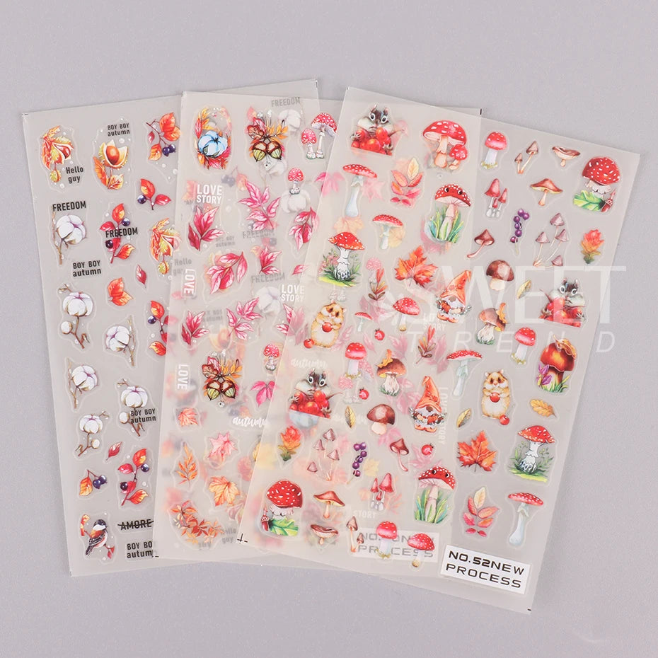 2pcs/set Autumn Maple Leaf Nail Art Sticker Bird Cotton Squirrel Mushroom Pumpkin Design Nail Decal Sliders Manicure Decoration