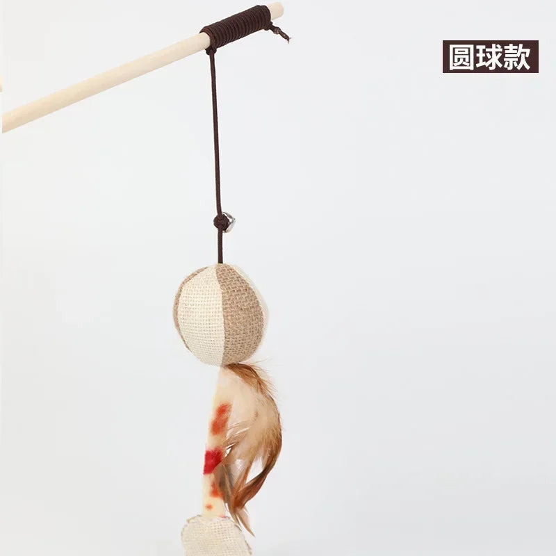 40cm Pet Cat Teaser Toys Feather Linen Wand Cat Catcher Teaser Stick Cat Interactive Toys Wood Rod Mouse Toy with Mini Bell
