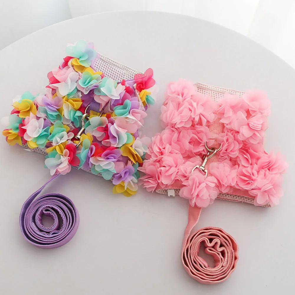 Pink Flower Puppy Harness Mesh Breathable Small Girl Dog Cat Vest Harness Cute Doggy Lace Dress Harness with Leash for Walking