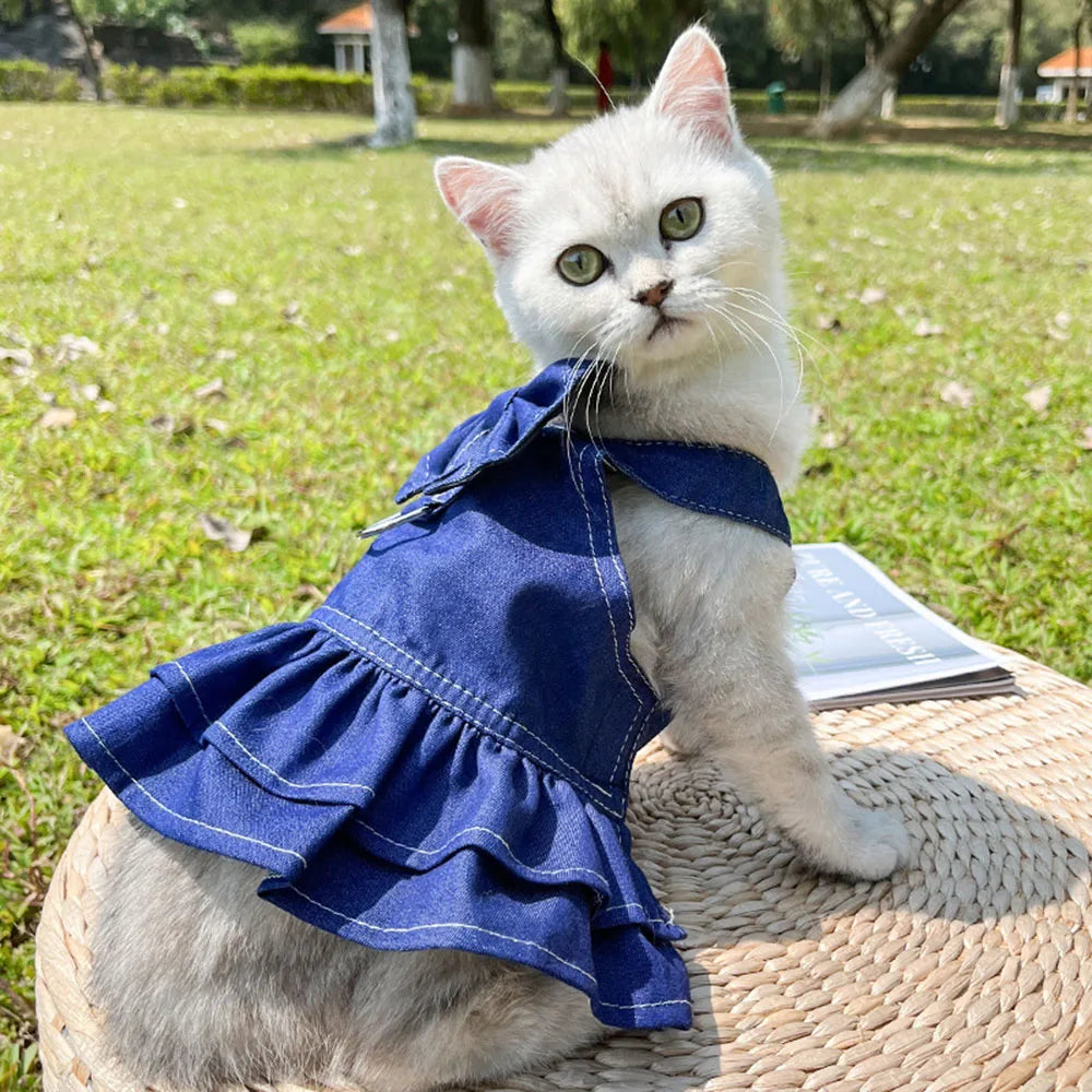 Pet Denim Clothes For Cat Dog Spring Summer Cat Dress Harness Kitten Jeans Shirt Cat Bowtie Skirt Dress Vest Harness with D-Ring