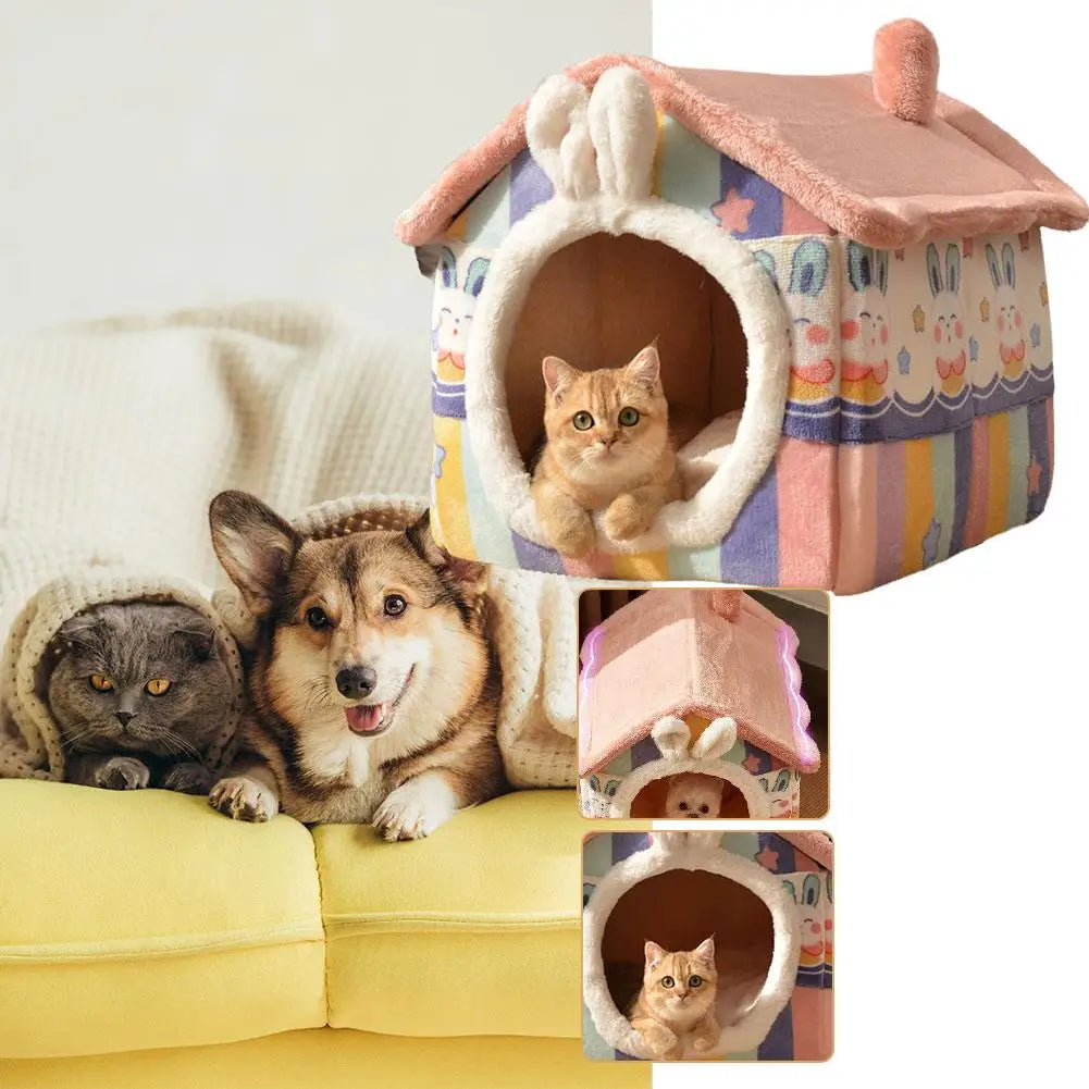 Cute Luxury Cat Villa Cat Bed Winter Warmth Fully Enclosed Removable Cushion Pillow Cat Tent Cat Dog Pet Nest Girl Pink PP Cotto