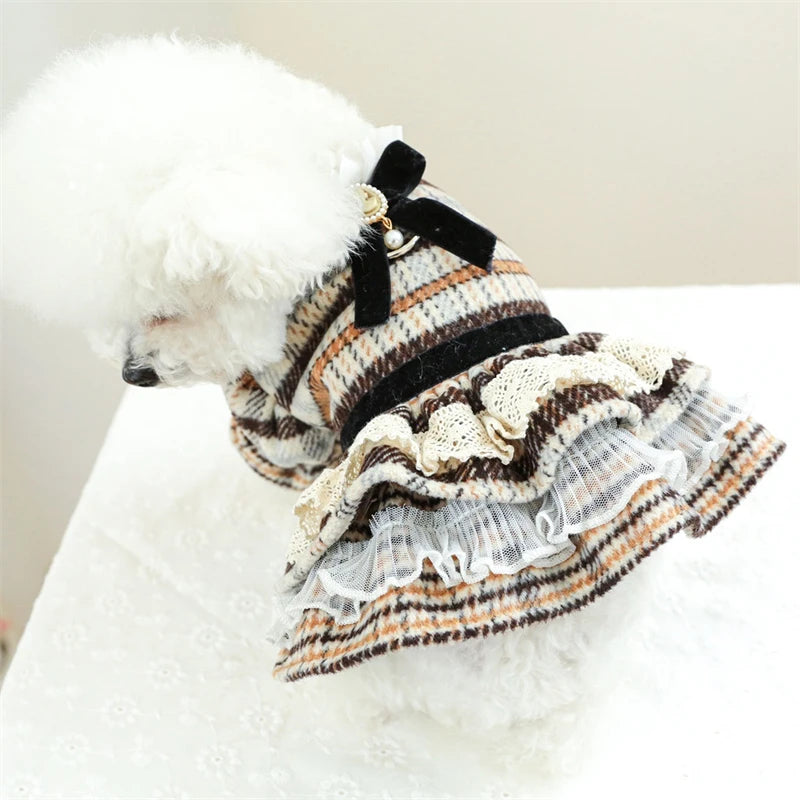 High Collar Small Dog Clothes Plaid Woolen New Year Autumn Winter Brown Overalls for Cats Maillard Fashion Girl Chihuahua Dress