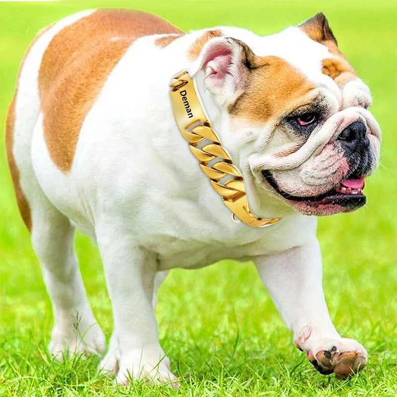 Big Dog Chain Collar Free engraving Personalized 32mm wide Stainless Steel Metal Cuban link Chew Proof Pet Collars For large dog
