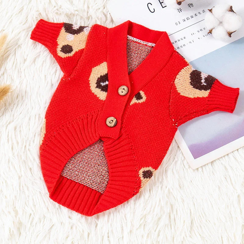 Dog Sweater 2024 Bear Print Cardigan Coat Dog Knitted Sweater Chihuahua French Bulldog Bichon Fashion Dog Clothes Puppy Apparel