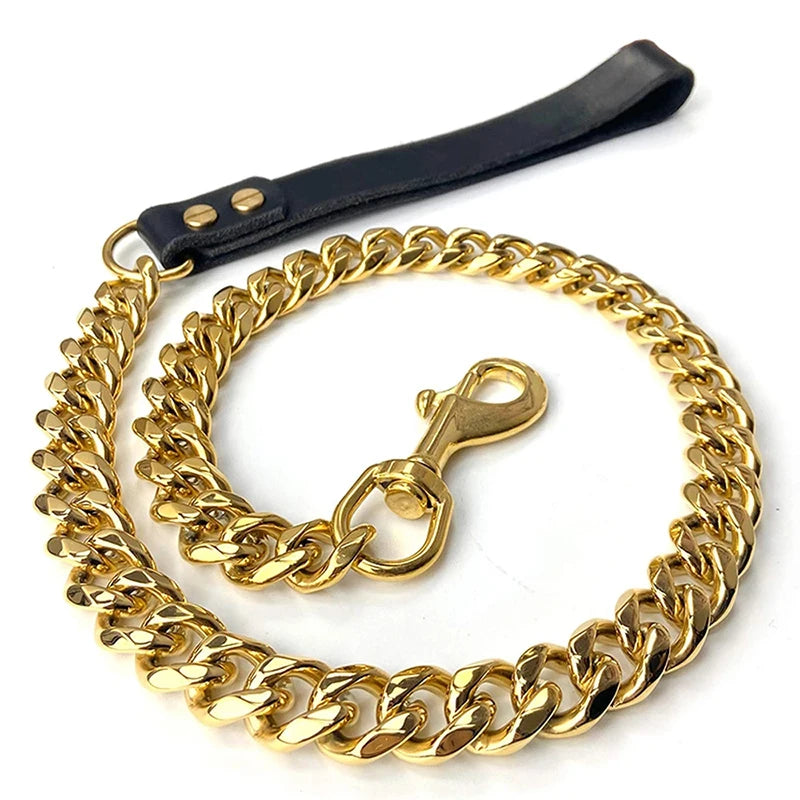 Stainless Steel Pet Gold Chain, Dog Leashes, Leather Handle, Portable Leash Rope, Straps, Puppy, Cat Training, Slip Collar Suppl