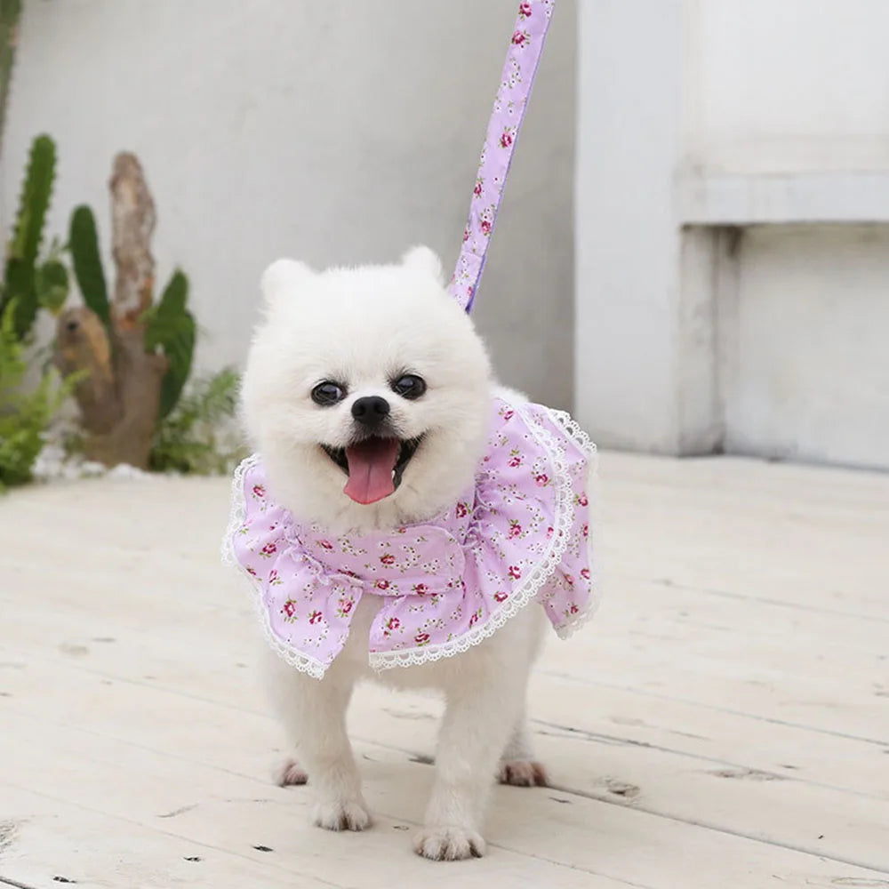 Pink Flower Puppy Harness Mesh Breathable Small Girl Dog Cat Vest Harness Cute Doggy Lace Dress Harness with Leash for Walking