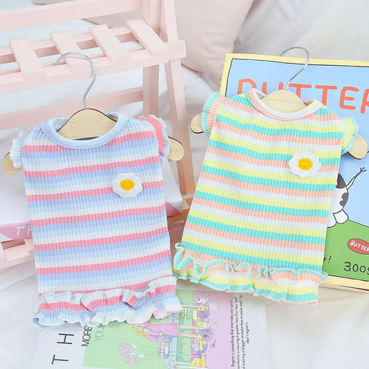 Summer Dog Clothes Pet Dog Vest Dress Dog Knitted Striped Dog T Shirt Chihuahua Bichon Clothing Kitten Puppy Girls Dog Costume