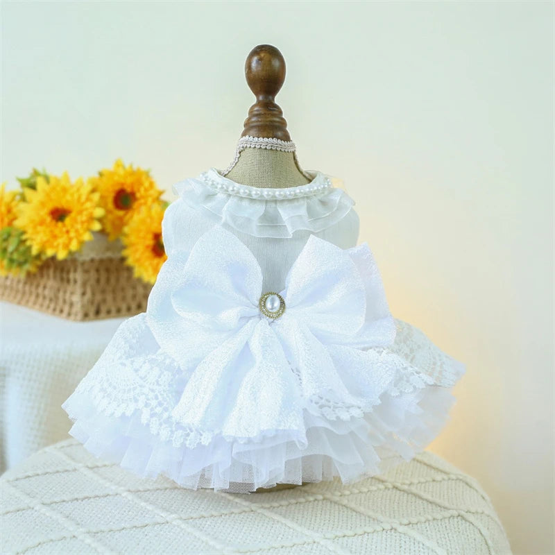 Sweet Princess Female Puppy Summer Clothes Wedding Party Dress for Dogs White Lace French Bulldog Small Medium Pet Cat Clothing