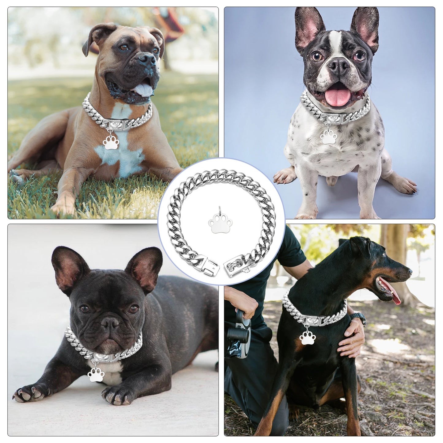 Strong Stainless Steel Dog Collar Choke with Safety Buckle Lock Golden Cuban Link Chain Metal Necklace Training Collar for Pets