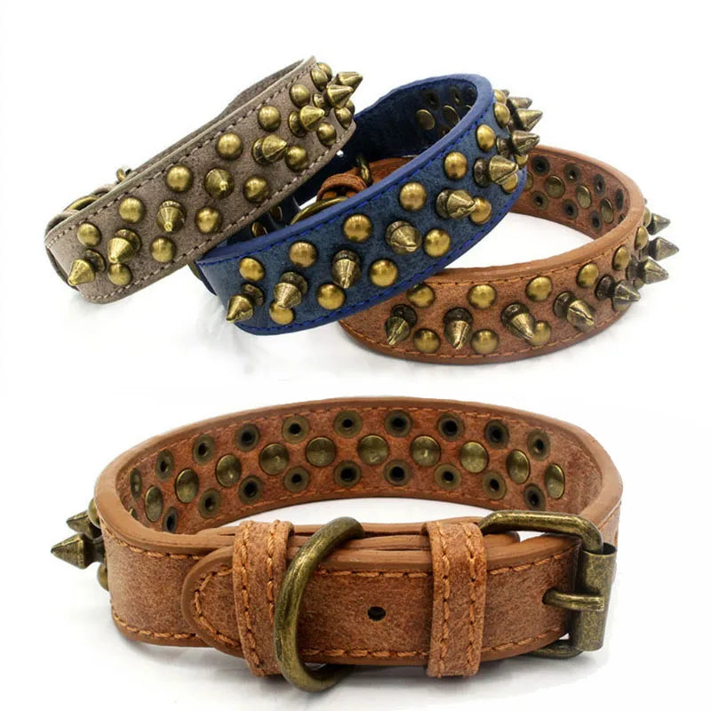 Bronze Spiked Studded Leather Dog Collars For Small Medium Large Dogs Pet Spike Collar Rivets Anti-Bite Pet Products Neck Strap