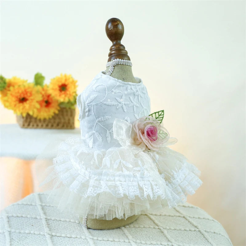 Sweet Princess Female Puppy Summer Clothes Wedding Party Dress for Dogs White Lace French Bulldog Small Medium Pet Cat Clothing