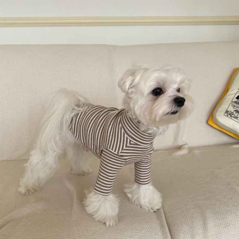 Coffee Strips Pet Dog Clothes for Chihuahua High Collar Autumn Warm Cat Sweatshirt Overalls Soft Velvet Cat Puppy Bottom T Shirt