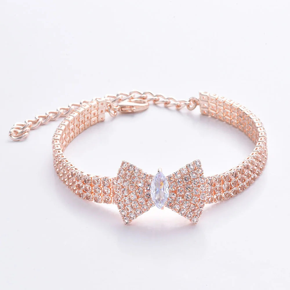 Adjustable Crystal Pet Necklace Cute Rhinestone BowTie Dog Collars Kitten Puppy Jewelry Necklace Photo Props for Small Animals