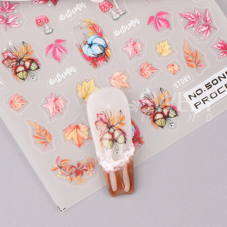 2pcs/set Autumn Maple Leaf Nail Art Sticker Bird Cotton Squirrel Mushroom Pumpkin Design Nail Decal Sliders Manicure Decoration