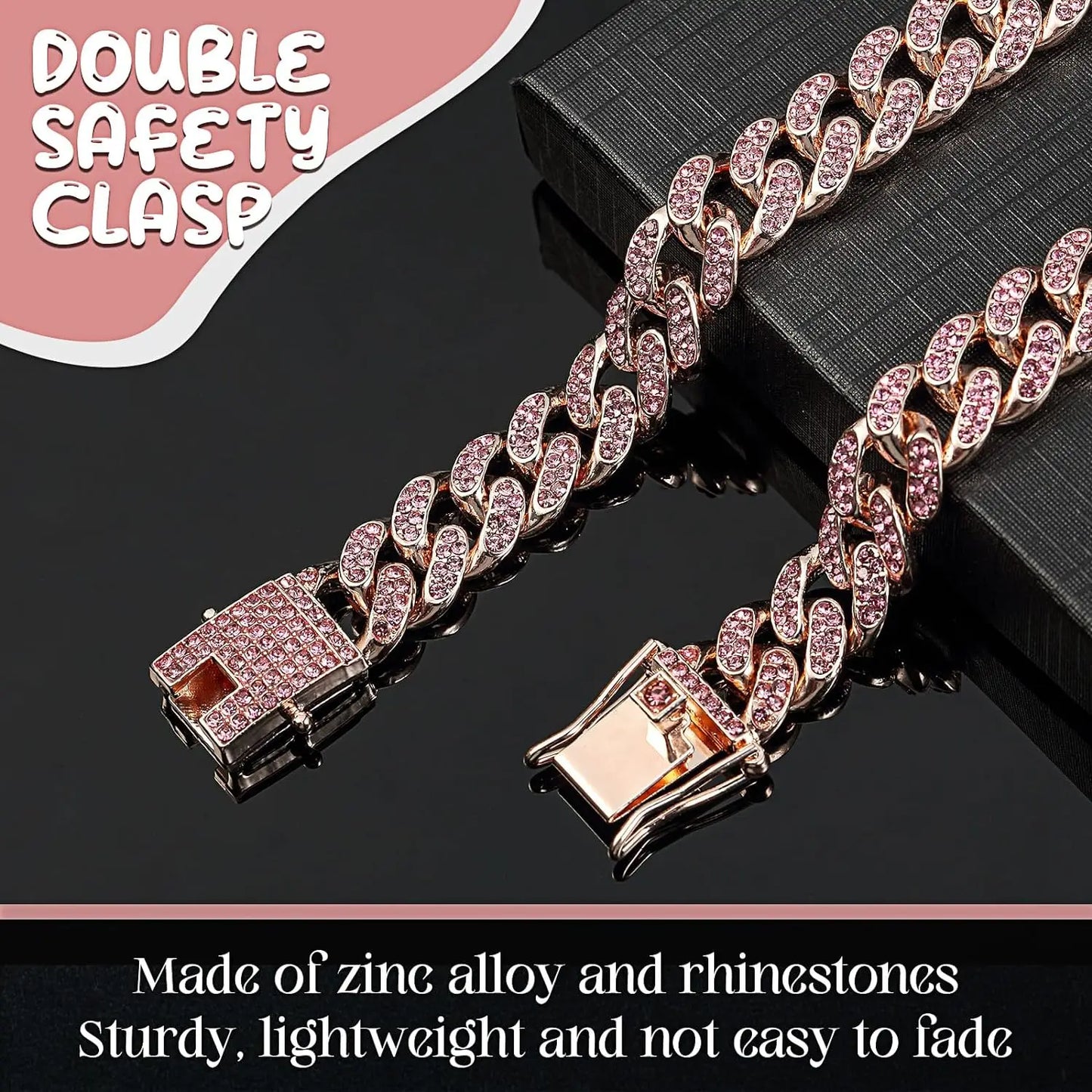 Dog Chain Collar Pink Diamond Cuban Link Necklace Metal Cat Chain Pet Crystal Collar Jewelry Accessories for Dogs Cats