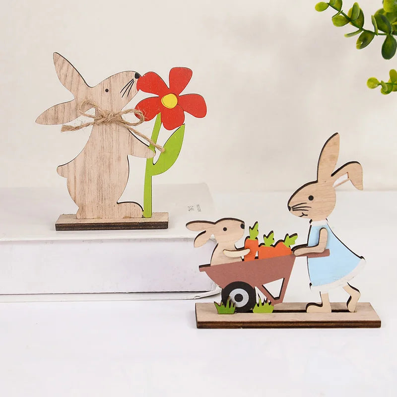 2025 Easter Wooden Rabbit Ornaments Standing Bunny with Flower for Spring Easter Party Home Table Decoration DIY Crafts Supplies