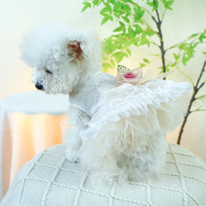 Sweet Princess Female Puppy Summer Clothes Wedding Party Dress for Dogs White Lace French Bulldog Small Medium Pet Cat Clothing