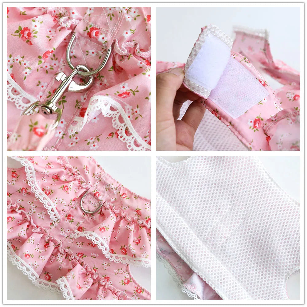 Pink Flower Puppy Harness Mesh Breathable Small Girl Dog Cat Vest Harness Cute Doggy Lace Dress Harness with Leash for Walking