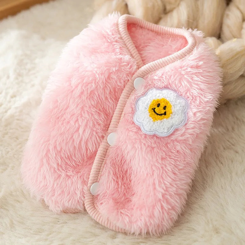 Solid Pink Fluffy Pet Dog Winter Clothes Flower Decorate Breathable Warm Cat Overalls Unisex Yorkshire Autumn Small Puppy Vests