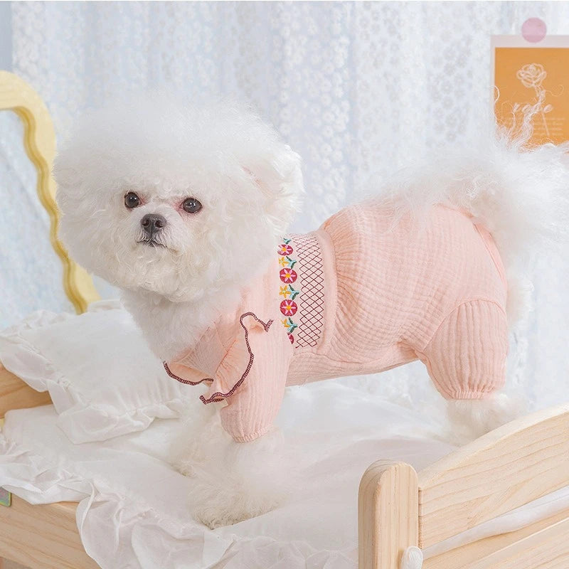Embroidery Pink Floral Overalls for Dogs Spring Summer Protective Pet Cat T Shirt Female Pure Cotton Chihuahua Small Dog Clothes
