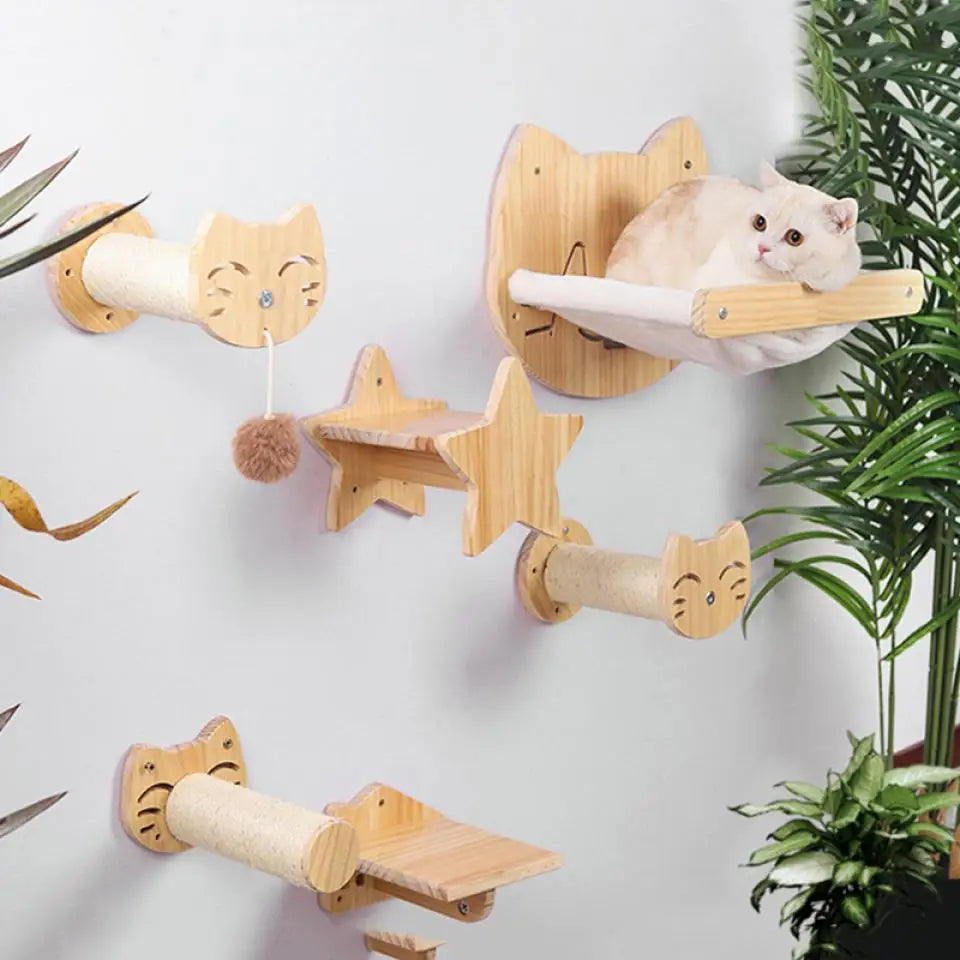 Cat Wall Climbing Shelves Wall Mounted Hammock Cat Scratching Post Wooden Stairway Shelves with Sisal Rope Ladder Wall Cat Tree