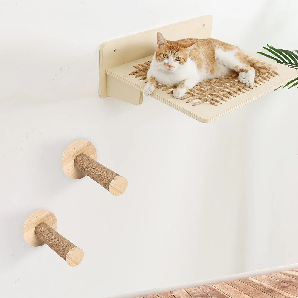 1 Piece Cat Climbing Shelf Wall Mounted Cat Sisal Hammock Cat Stairway with Jumping Platform and Scratching Post Playing