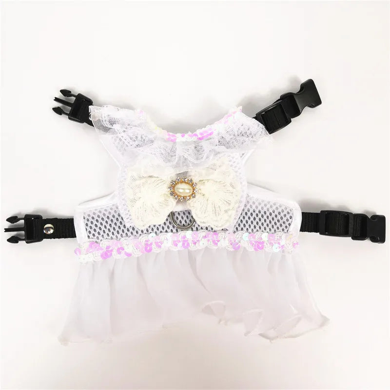 Dog Bow Dress Harness Leash Set for Small Medium Dogs Breathable Mesh Pet Tulle Skirt with Sequins Luxury Design Dog Clothes
