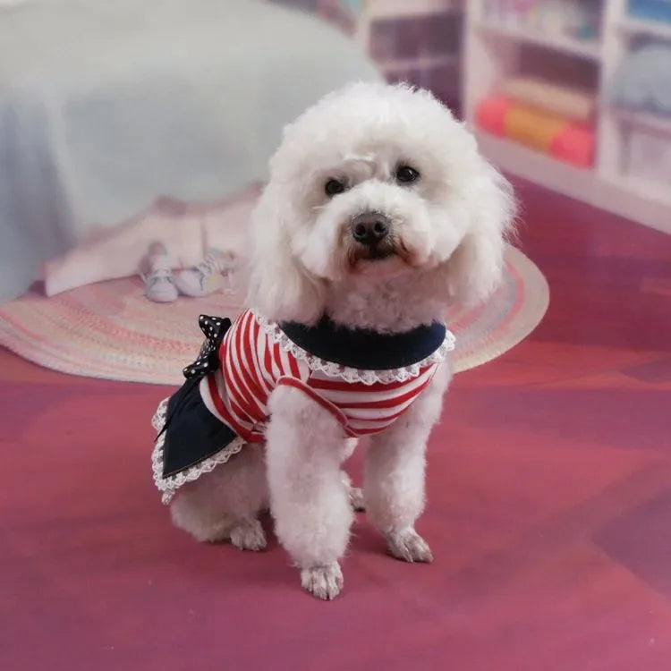 Puppy Dog Pet Stripe Costume Princess Dress Lace Pleated Lapel Stripe Bownot Princess Dress Denim Skirt XS-L Pet Supplies