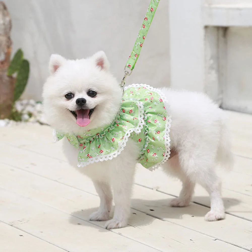 Pink Flower Puppy Harness Mesh Breathable Small Girl Dog Cat Vest Harness Cute Doggy Lace Dress Harness with Leash for Walking