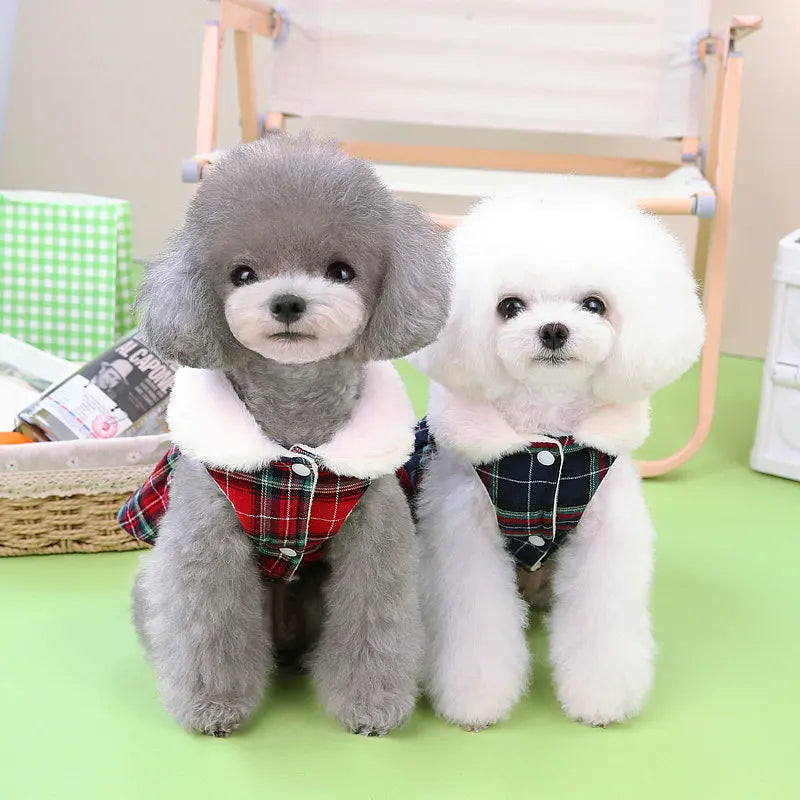 Christmas Plaid Clothes Thermal Fleece Lined Dog Winter Dress Coat with Luxury Faux Fur Collar for Small Dogs Puppy York Beagle