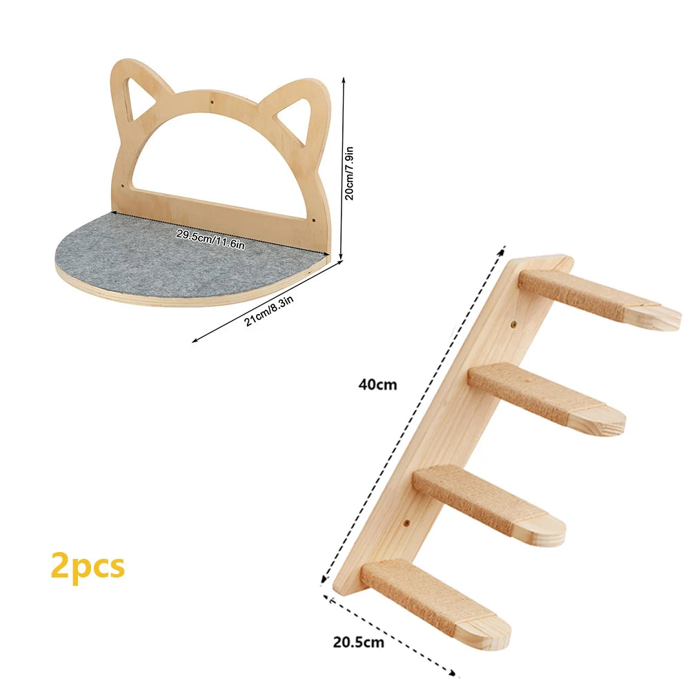 Cat Wall Mounted Wooden Climbing Shelves Cat House and Hammock for Platform and Ladder Turning Channel for Cat Indoor Furniture