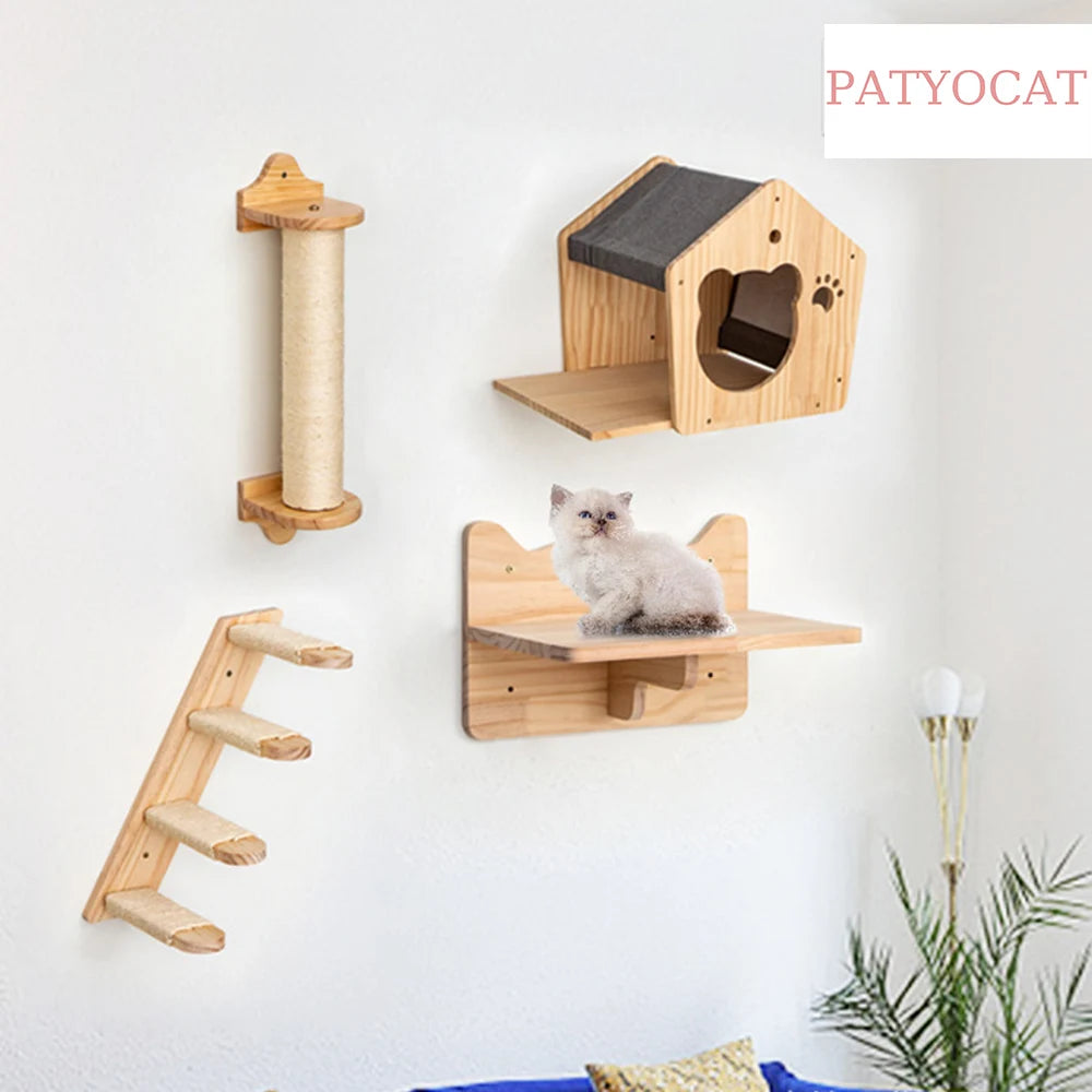 Cat Wall Mounted Climbing Shelves Bridge For Tree Cat Scratching Post Wooden Stairway Shelves Sisal Ladder Cat Climbing Frame