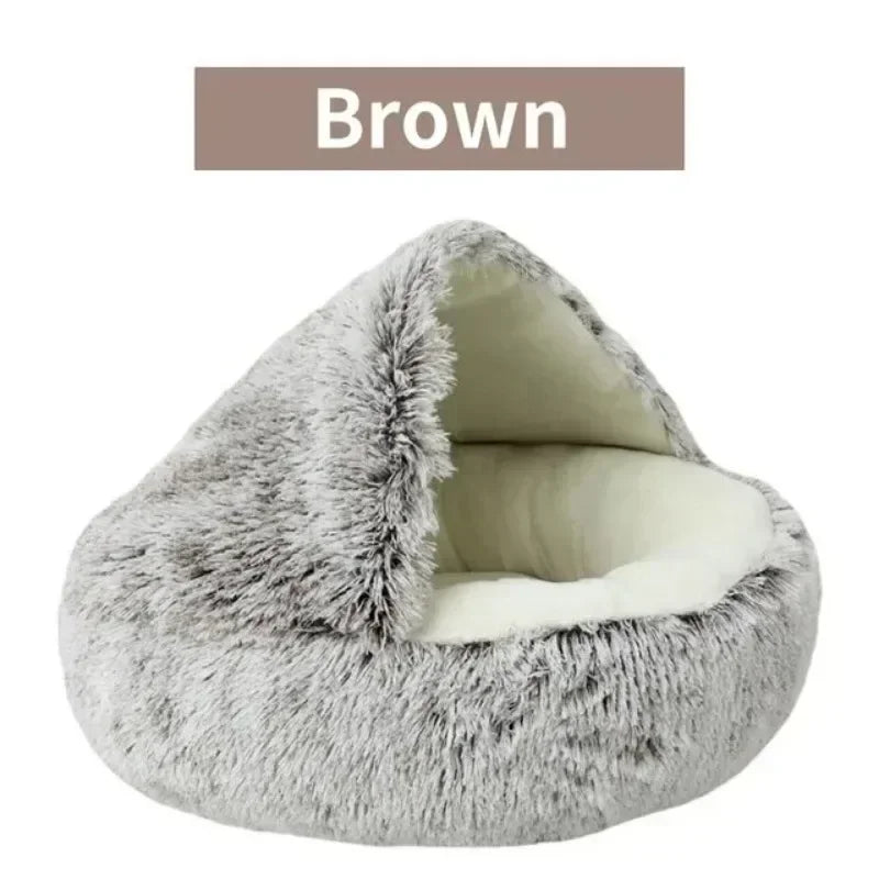Long Soft Plush Round Cat Bed Comfortable Warm For Small Dogs Winter Sleep Bag Cats Nest Round Semi Enclosed Plush Pet Cat Bed