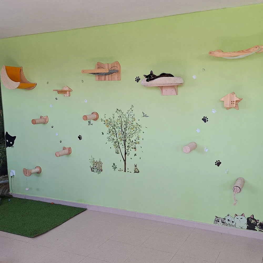 Cat Wall Climbing Shelves Wall Mounted Hammock Cat Scratching Post Wooden Stairway Shelves with Sisal Rope Ladder Wall Cat Tree