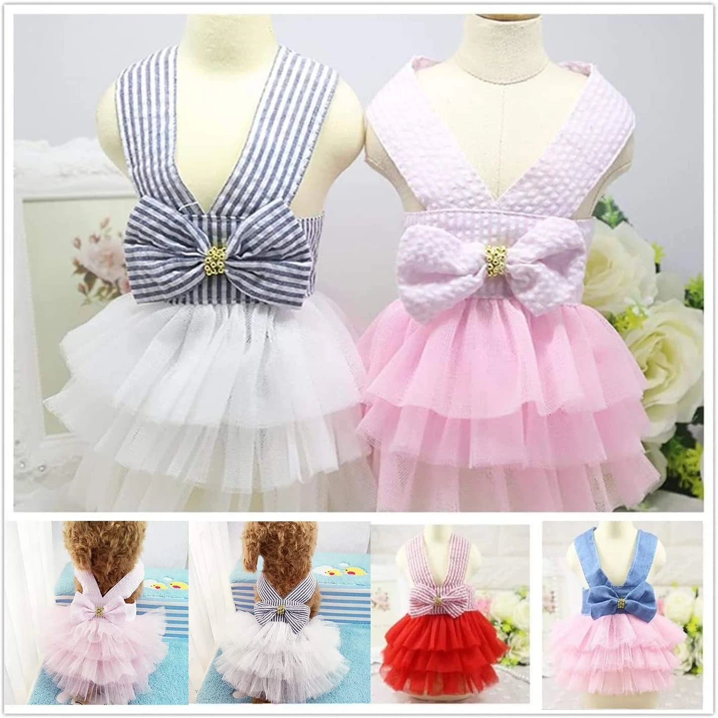 Cute Girl Dog Dress Bowknot Princess Lace Tulle Skirt Ruffle Tutu Dress for Small Dogs Cats Chihuahua York Summer Puppy Clothes