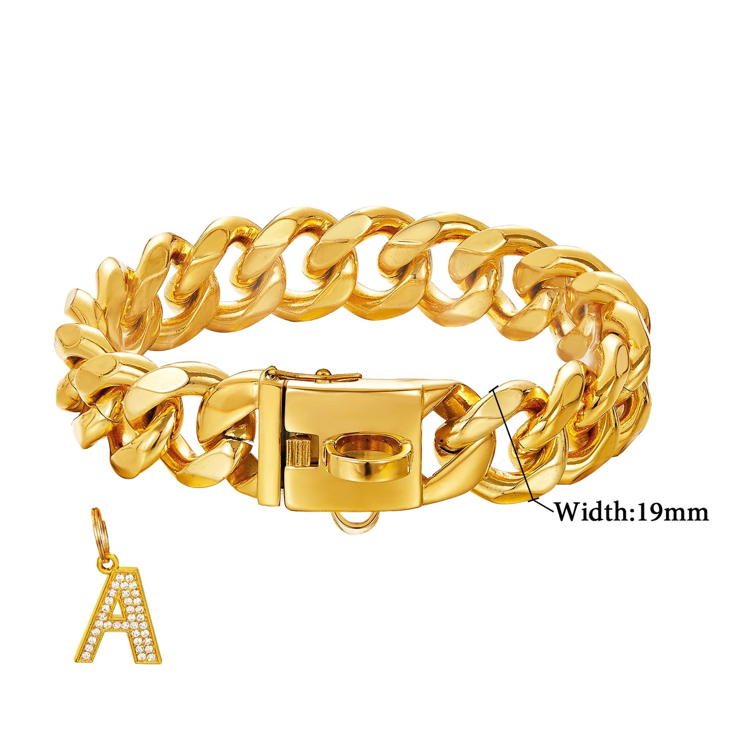 Gold Dog Chain Collar with Pendant A 15/19mm Wide Cuban Link Strong Stainless Steel Chew Proof Collar for Small Medium Large Dog