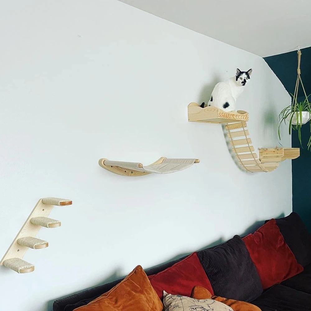 Cat Climbing Shelf Wall Mounted Furniture Cat Bridge and House Wooden Pet Shelves Tree Tower For Sleeping Climbing Cat Perch