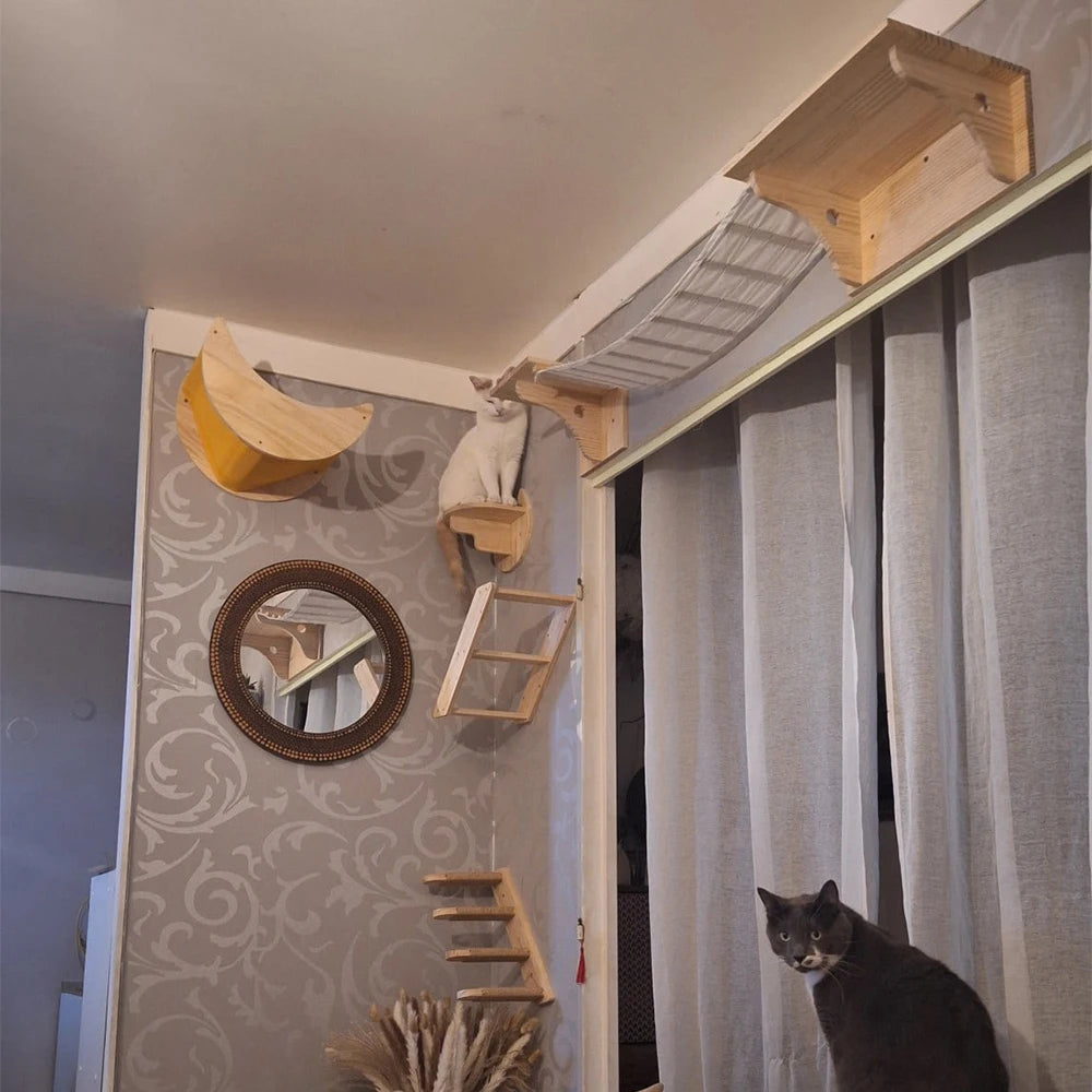 Cat Wall Mounted Wooden Shelves Platform and Hammock for Cats Sleeping and Scratching Post for Cats Grinding Claws Pet Furniture