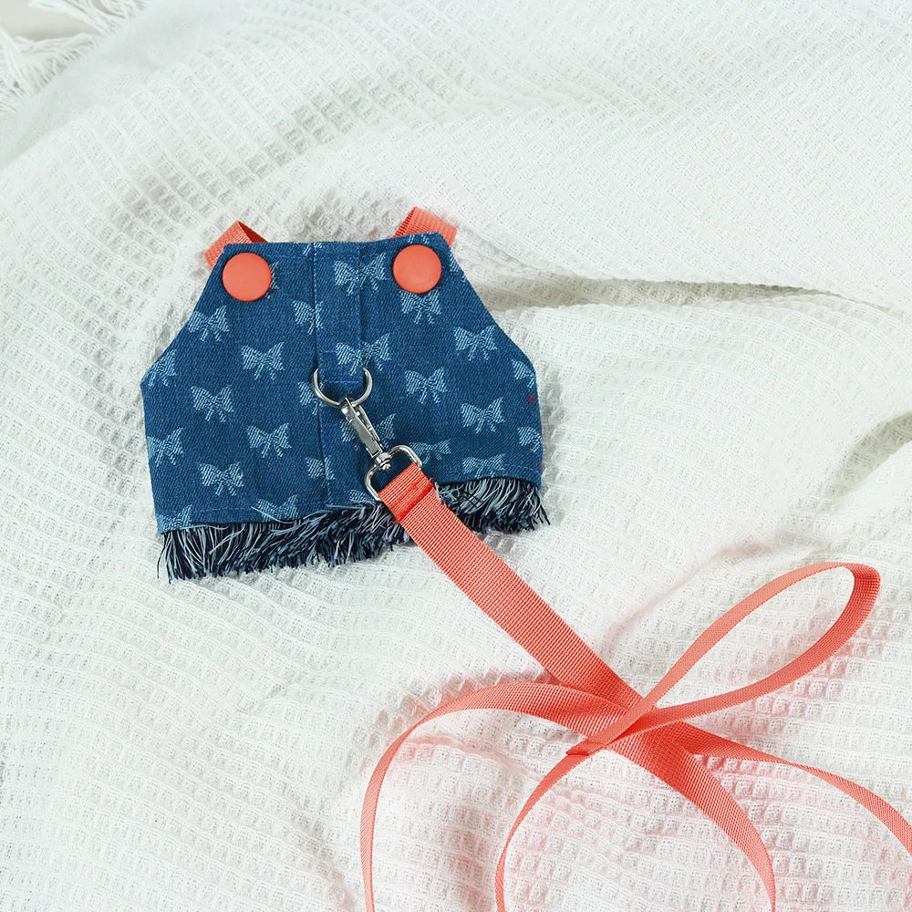 New Dog Harness and Leash Set for Small Dogs, Dark Wash Denim Puppy Dog Vest Harness Tassels Pet Jeans Butterfly Harness