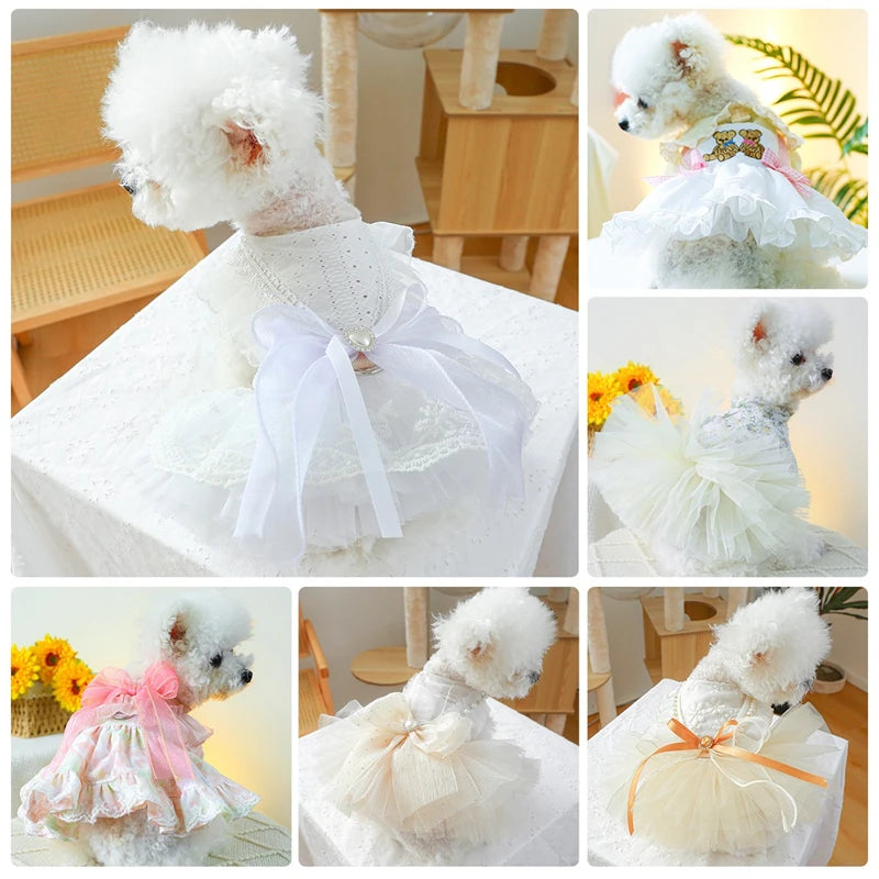 Sweet Princess Female Puppy Summer Clothes Wedding Party Dress for Dogs White Lace French Bulldog Small Medium Pet Cat Clothing