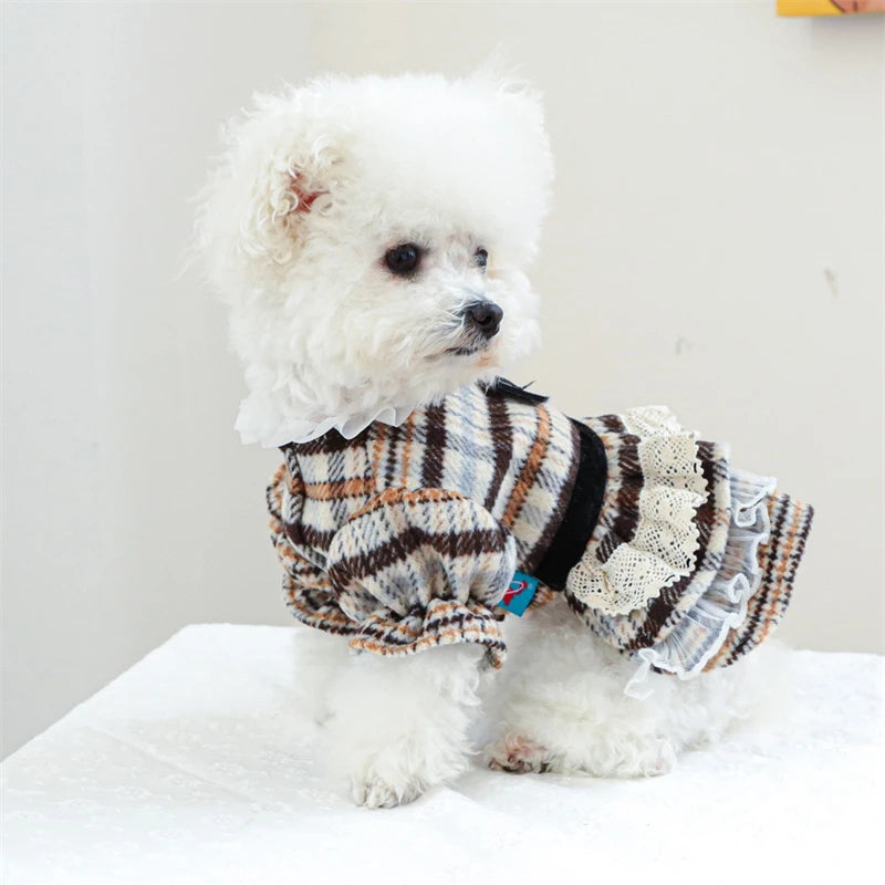 High Collar Small Dog Clothes Plaid Woolen New Year Autumn Winter Brown Overalls for Cats Maillard Fashion Girl Chihuahua Dress
