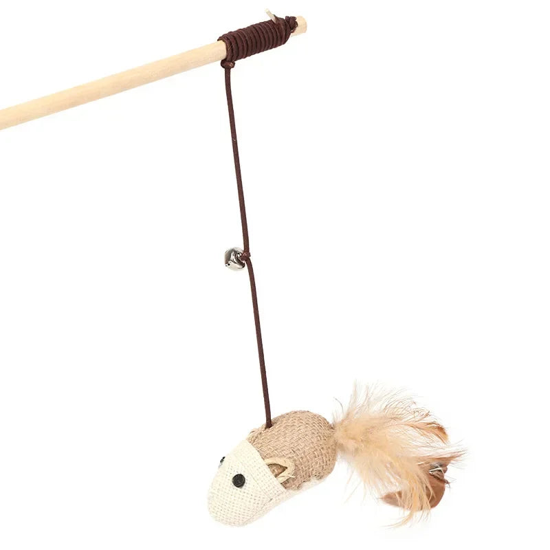 40cm Pet Cat Teaser Toys Feather Linen Wand Cat Catcher Teaser Stick Cat Interactive Toys Wood Rod Mouse Toy with Mini Bell